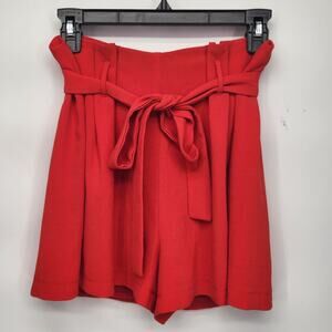 Leith Red Crepe Pleated Paperbag Belted High Rise Shorts Women's M